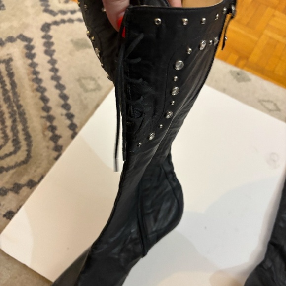 Lace up leather and rhinestone boots - kitten heel - Picture 4 of 6